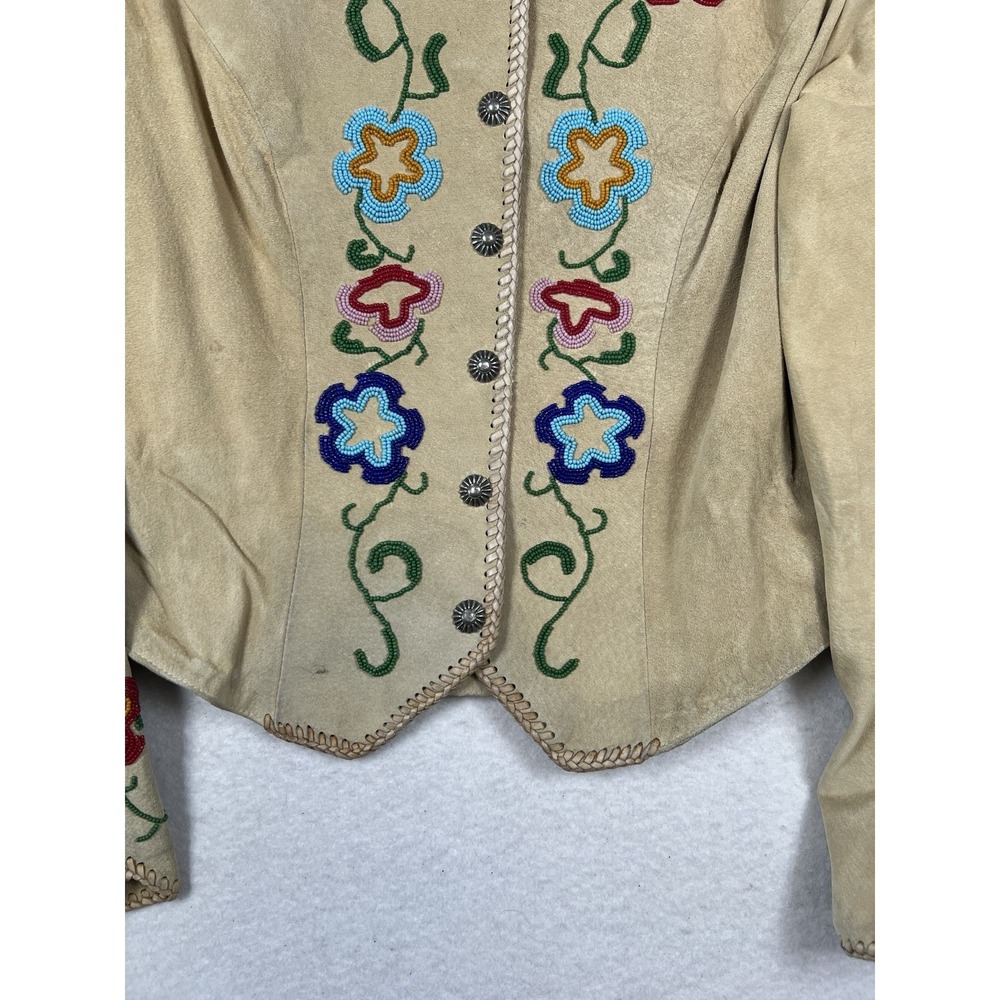 Ren Ellis Santa Fe Beaded Suede Leather Jacket Size 10 Tan Snap Front Lined - Picture 4 of 15
